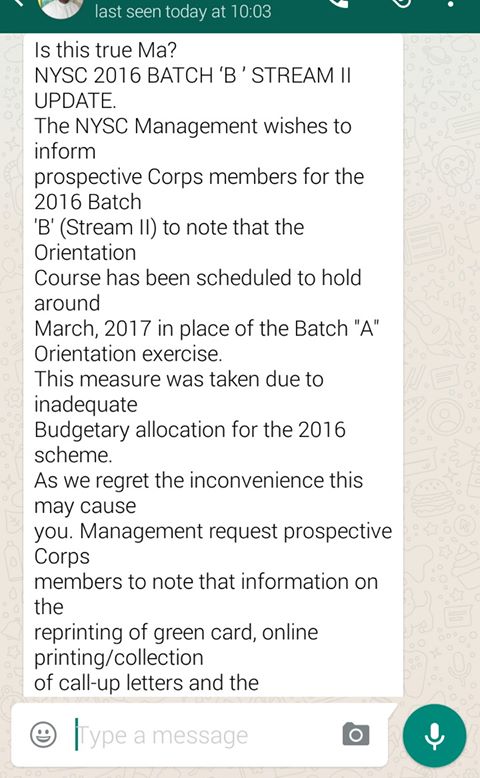 Attention: All NYSC 2016 Batch B stream 2 Prospective Corps Members